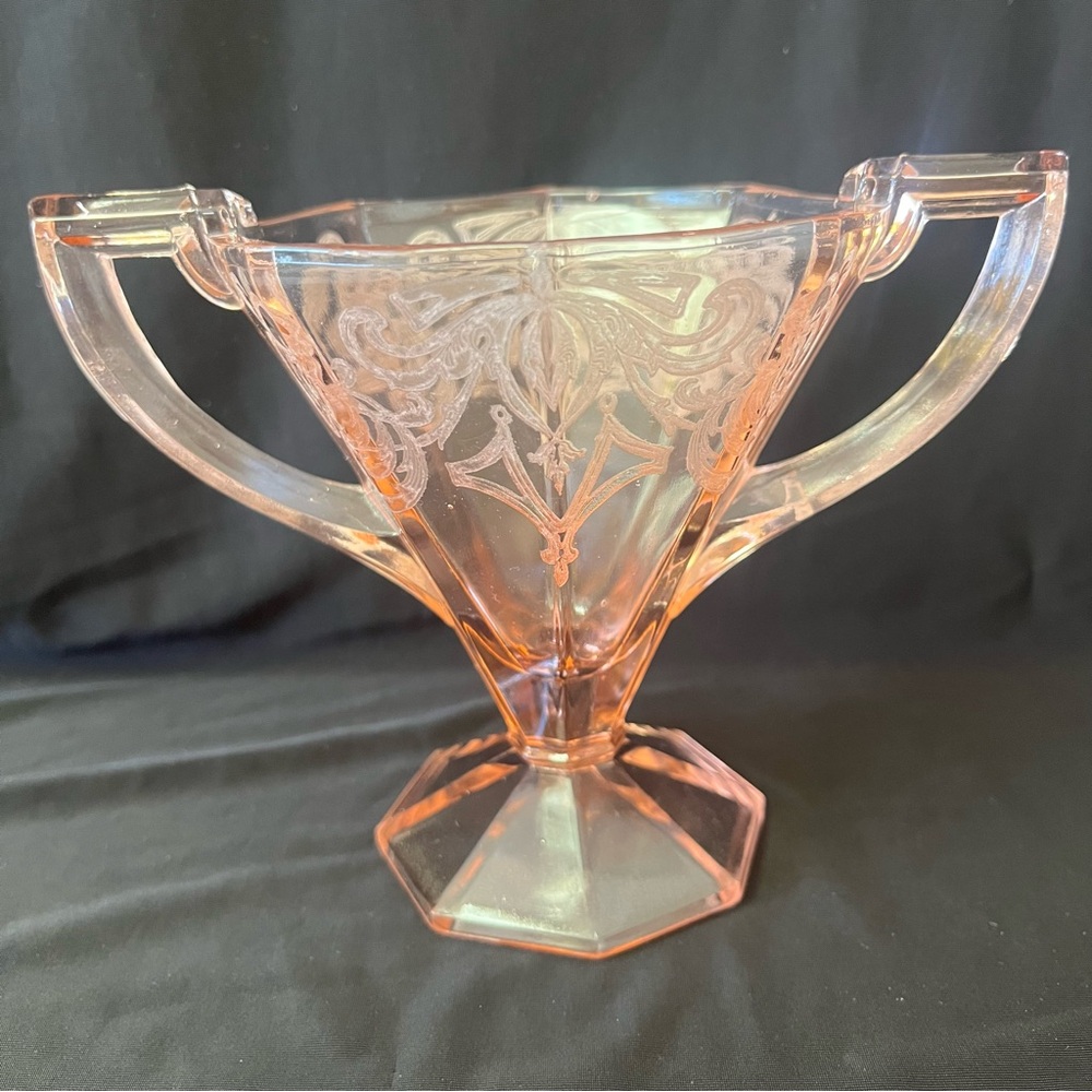 Vintage Peach Depression Glass Floral Etched Pedestal Sugar Bowl